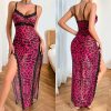 Women’s Lace Trim Long Night Dress – Floral & Leopard Print Slit Sleepwear - Red
