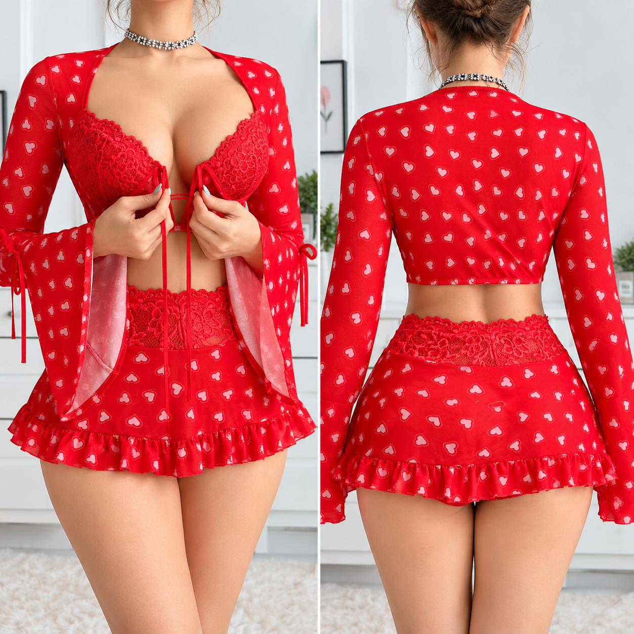 Women’s Red Heart Print Lingerie Set – Lace Bra Top with Mini Skirt & Shrug