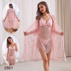 Women’s Lace Babydoll Nightdress with Matching Robe – 2-Piece Sheer Sleepwear Set