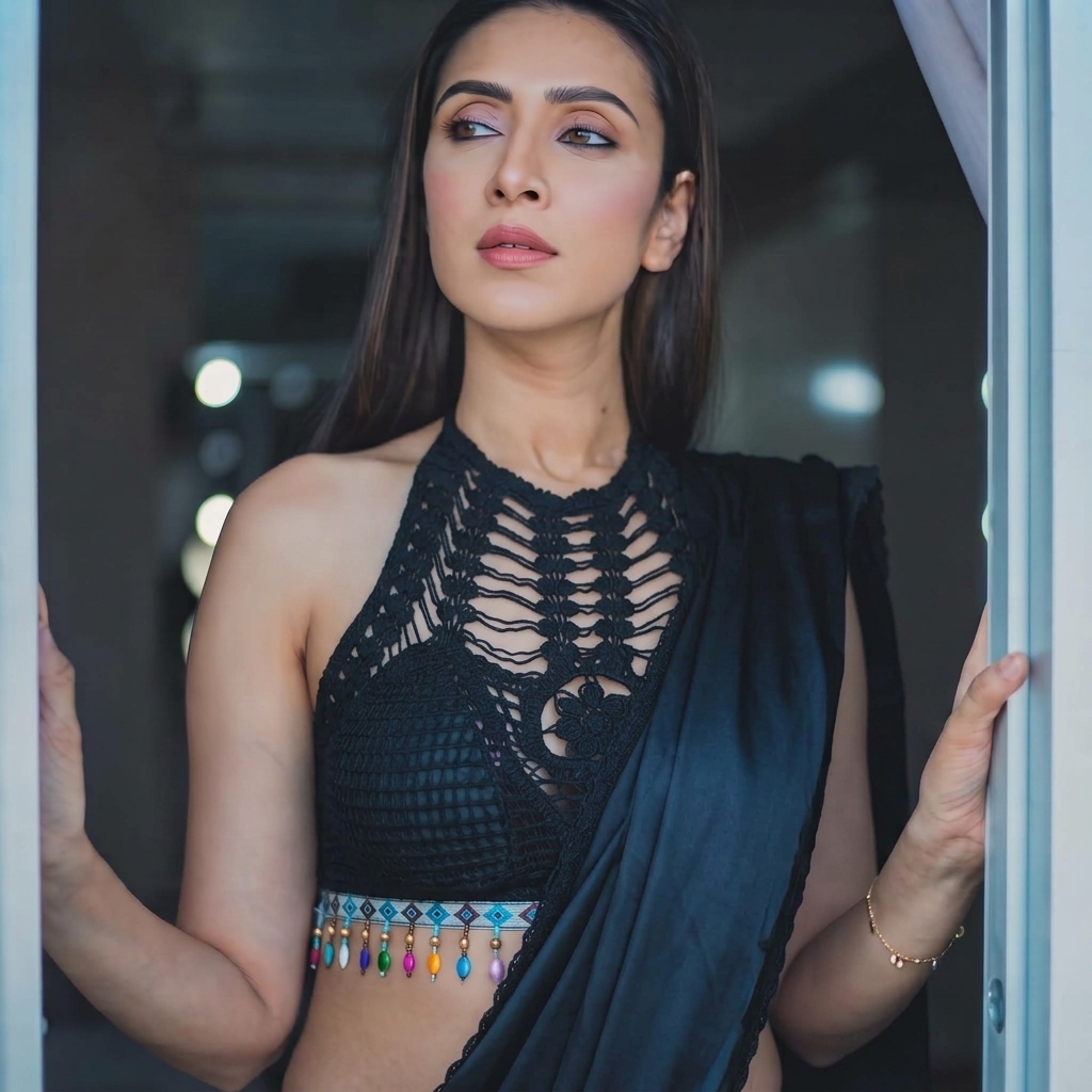 Handcrafted Black Crochet Halter Neck Crop Top with Beaded Fringe