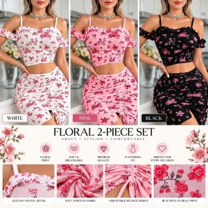 🌺 Women’s Floral Off Shoulder Crop Top & Ruched Skirt 2 Piece Set
