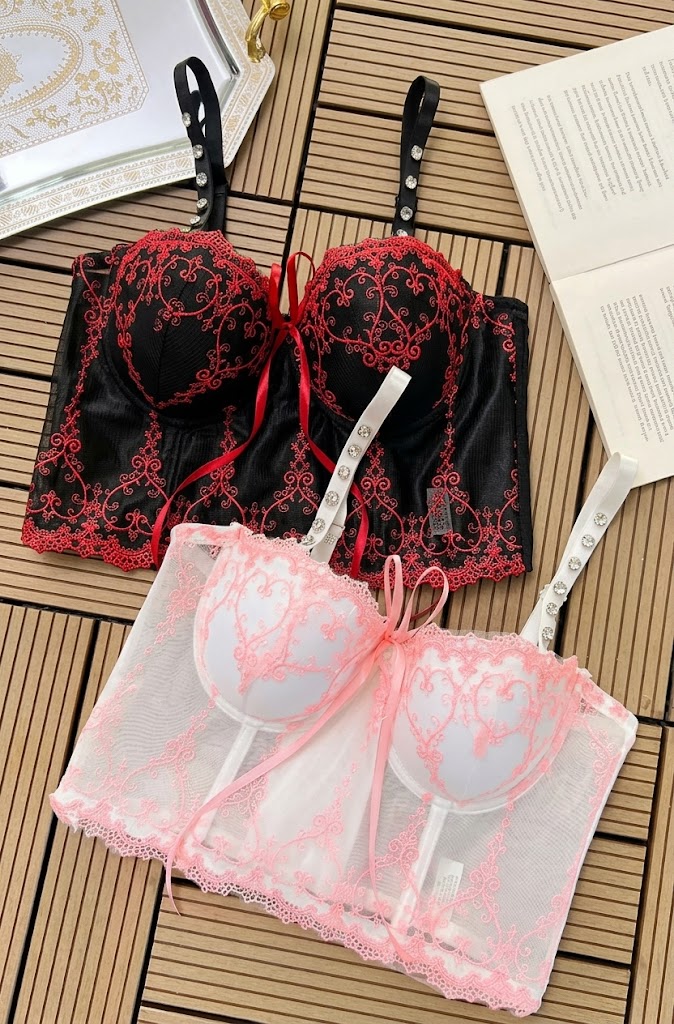Embroidered Lace Longline Corset Bra – Elegant Push-Up Support