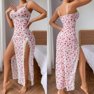 Women’s Lace Trim Long Night Dress – Floral & Leopard Print Slit Sleepwear