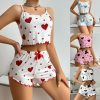 ❤️ Women’s Heart Print Ribbed Cami Top & Shorts 2 Piece Nightwear Set