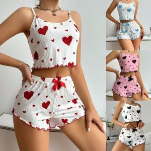 ❤️ Women’s Heart Print Ribbed Cami Top & Shorts 2 Piece Nightwear Set