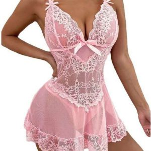 💕 Women’s Lace Babydoll Nightdress – Sheer Mesh Floral Lingerie Sleepwear