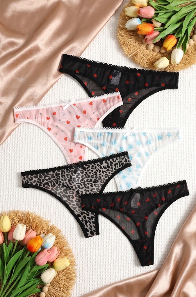 Printed Mesh Thong Panties – Sheer Lace & Bow Comfor