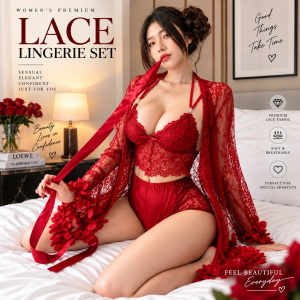 🖤 Women’s 3 Piece Lace Lingerie Set with Robe – Elegant Bra & Panty Set