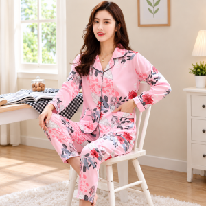🌸 Women’s Floral Satin Pajama Set – Premium Long Sleeve 2 Piece Sleepwear