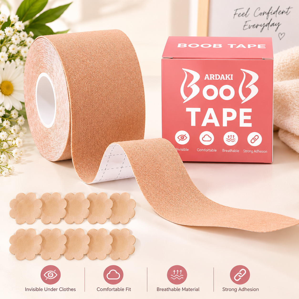 ✨ Women’s Breast Lift Tape Roll with Nipple Covers – 5cm × 5m Body Tape