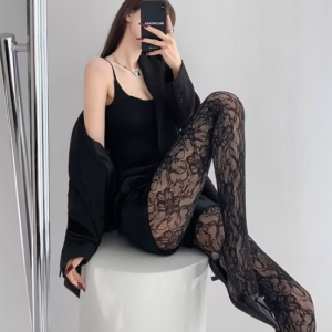 🖤 Women’s Black Floral Lace Stockings – Sheer Stretch Full-Length Patterned Tights