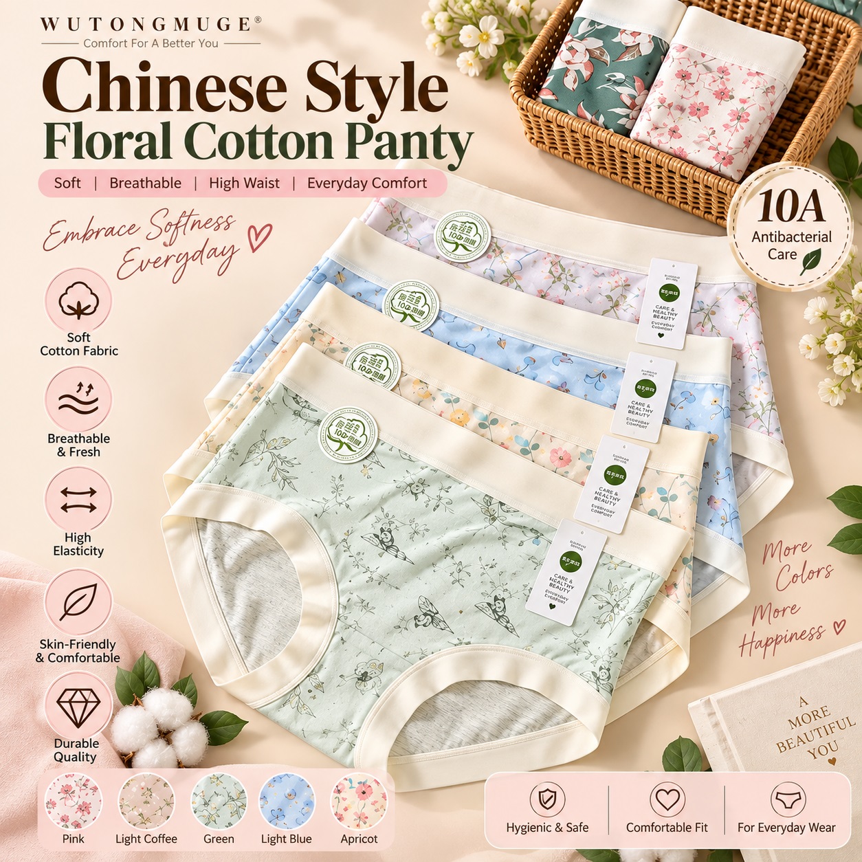 High-Waist Stretch Floral Cotton Briefs for Everyday Comfort